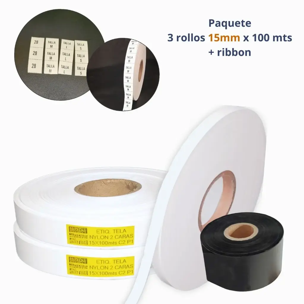 [NB1015100N1E1-3P] Kit 3 Rollos Etiqueta Textil Nylon 15 mm x 100 m + 1 Ribbon