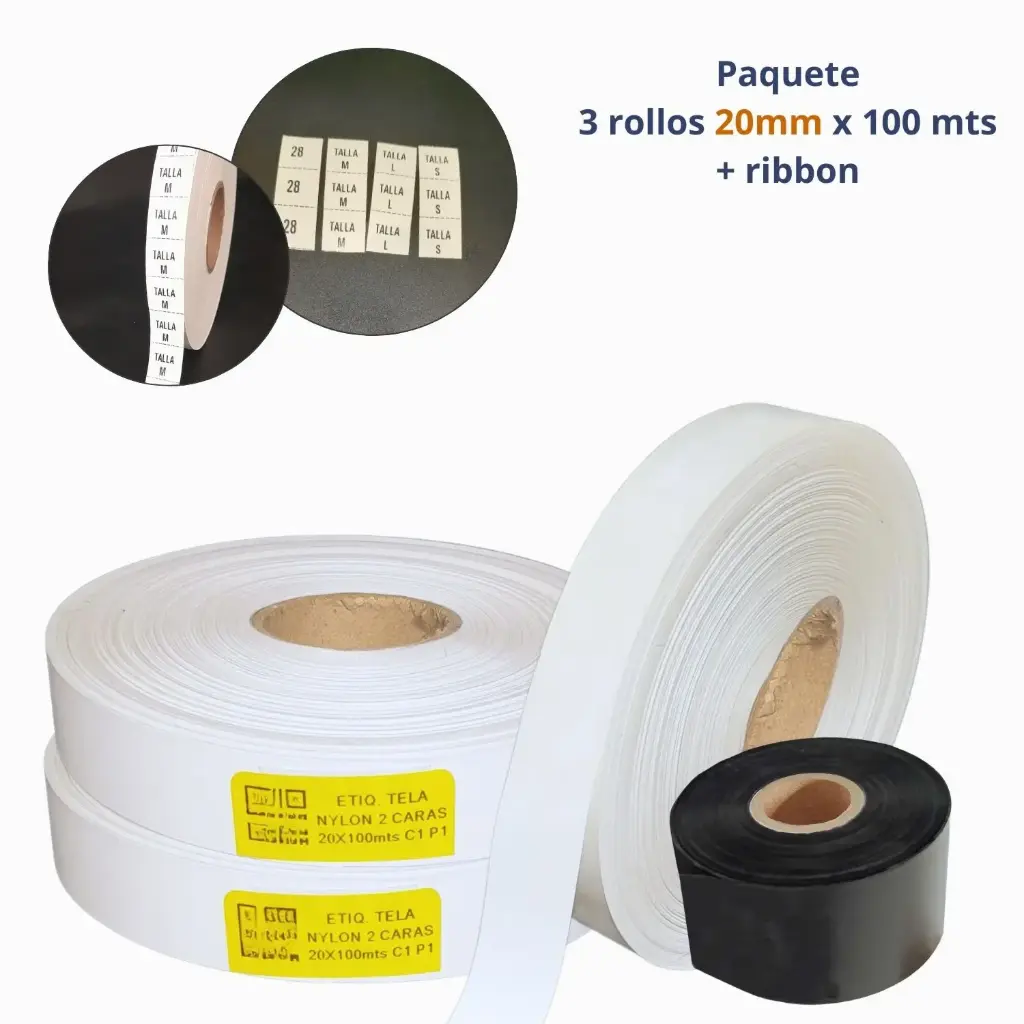 Kit 3 Rollos Etiqueta Textil Nylon 20 mm x 100 m + 1 Ribbon