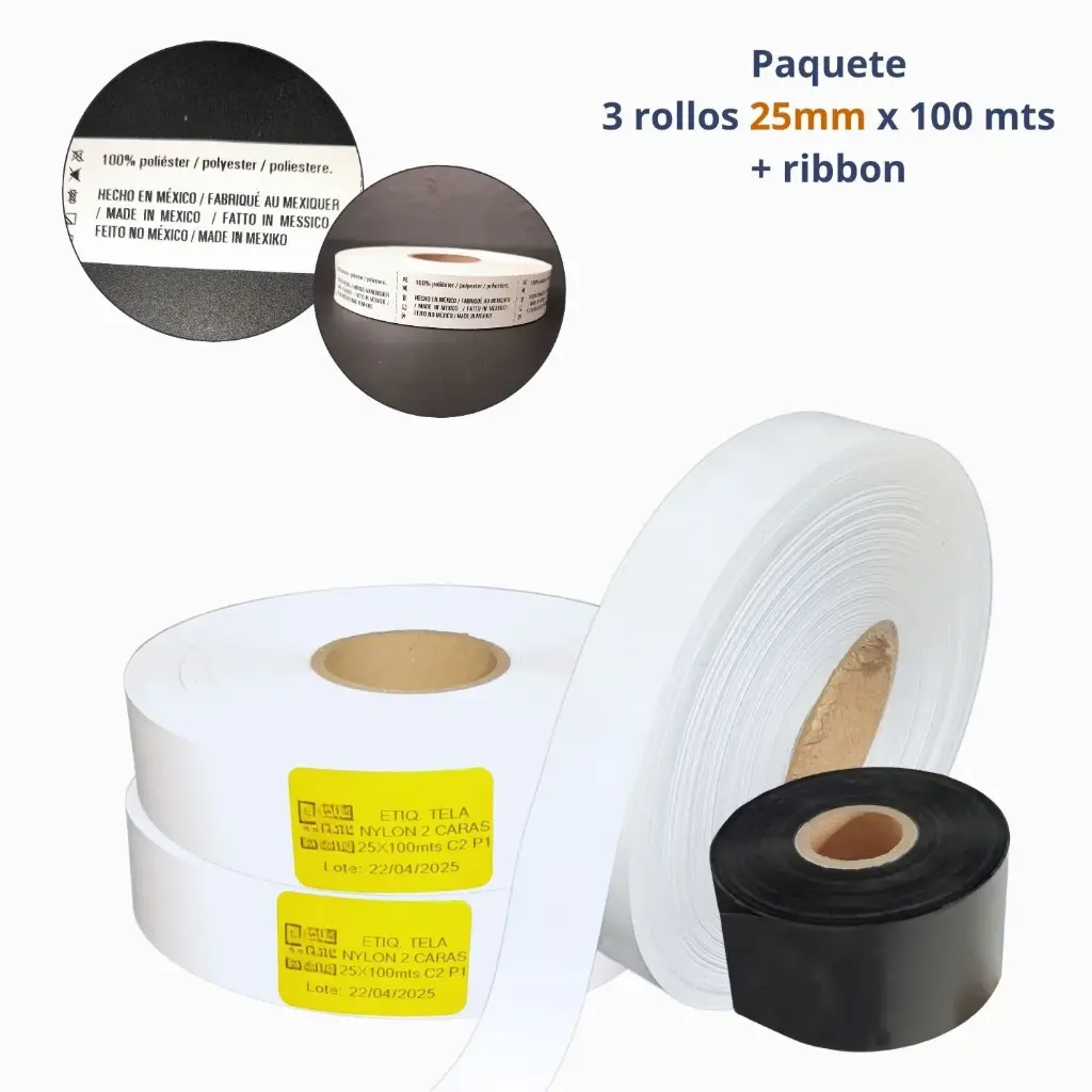 Kit 3 Rollos Etiqueta Textil Nylon 25 mm x 100 m + 1 Ribbon
