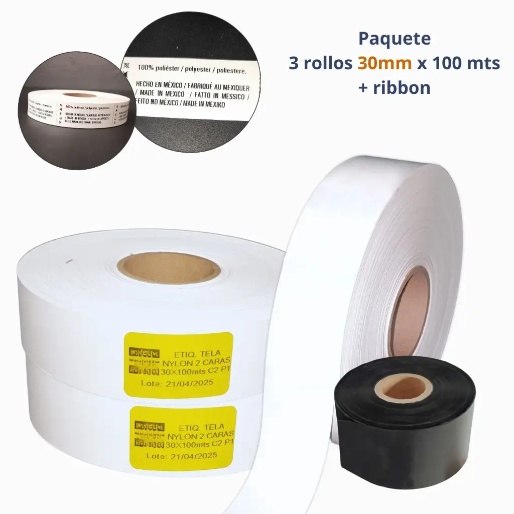 Kit 3 Rollos Etiqueta Textil Nylon 30 mm x 100 m + 1 Ribbon