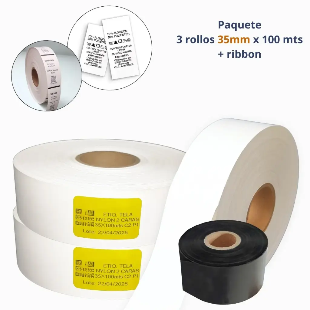 [NB1035100N1E1-3P] Kit 3 Rollos Etiqueta Textil Nylon 35 mm x 100 m + 1 Ribbon
