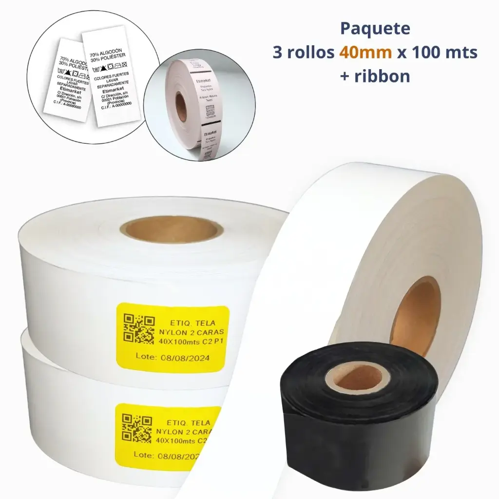 Kit 3 Rollos Etiqueta Textil Nylon 40 mm x 100 m + 1 Ribbon